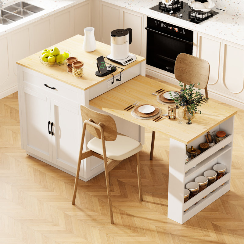 Îlot de cuisine 82,7 pouces avec table extensible pour 2 à 6 personnes, blanc, double rangement, 2 roulettes verrouillables, tiroirs, tablette ouverte, bloc d'alimentation pour 2 à 6 personnes, ambiance réglable