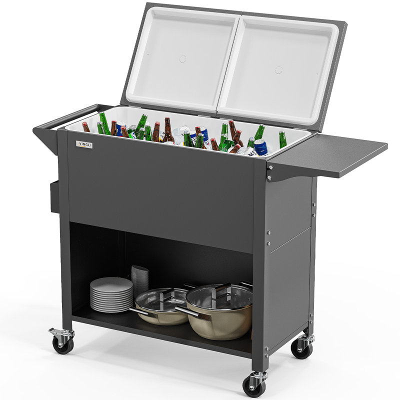 Matte Grey Patio Rolling Cooler With Side Table Boards And Cupboard Function