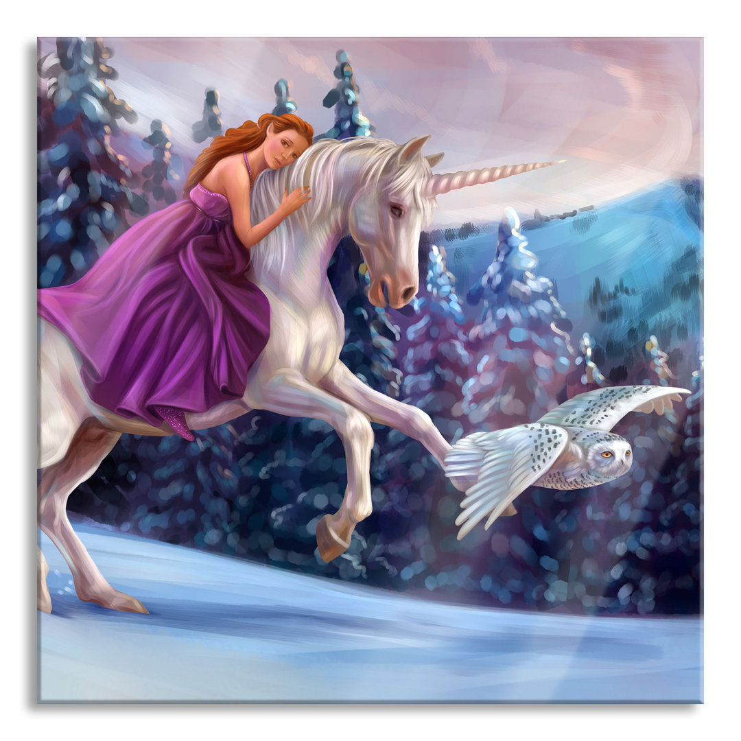 Ungerahmter Grafikdruck auf Glas "Girl Rides a Unicorn in Winter"