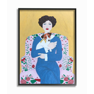 " Woman And Dog On Armchair Yellow Blue Animal " by Sally B