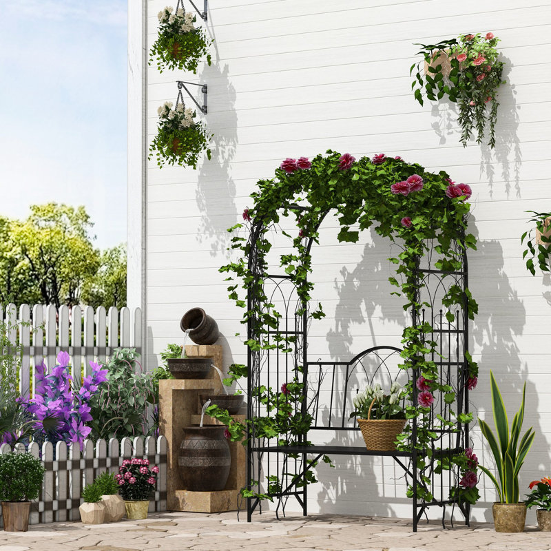 Arche de treillis en métal pour plantes et banc - 484 lb Capacité de charge, noir avec acier enduit de poids pour l'extérieur