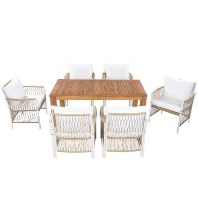 Ensemble de salle à manger d'extérieur 7 pièces avec table en bois d'acacia de 170 cm et 6 fauteuils en rotin, couleur naturelle