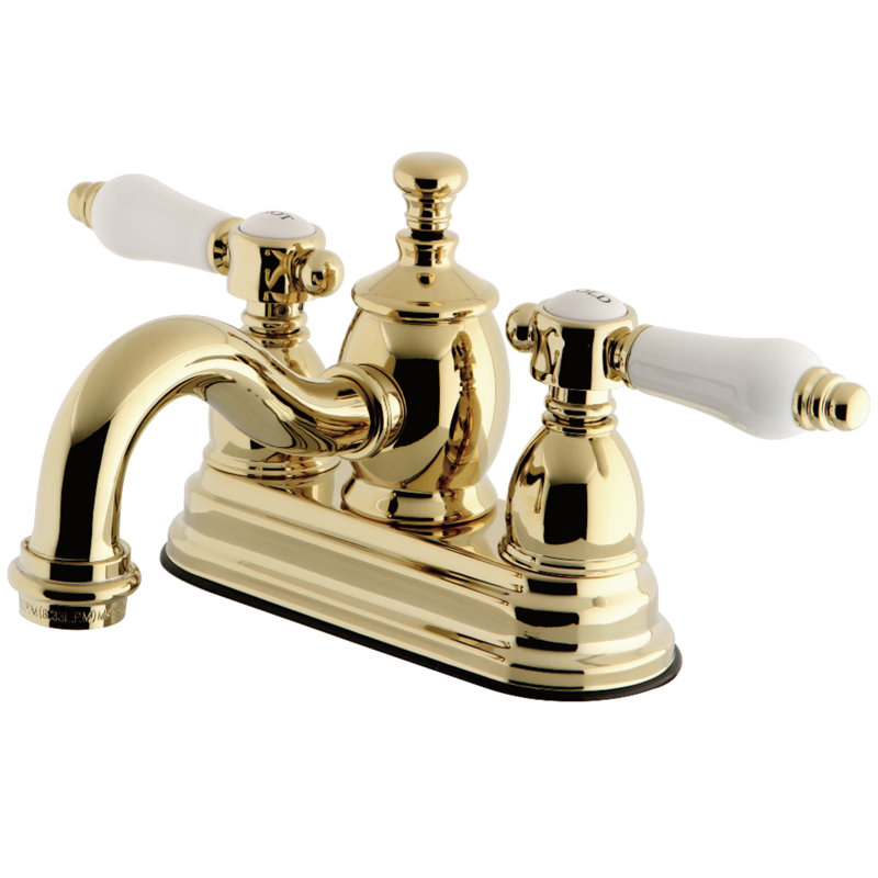 Kingston Brass Bel-Air Two-Handle 3-Hole Deck Mount 4" Centerset Bathroom Faucet with Brass Pop-Up, Polished Brass