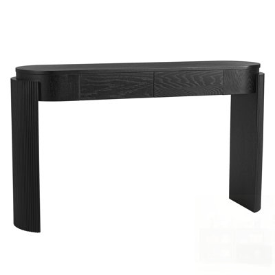 Entryway Table With Wood Grain, Fluted Design, Oval Top, And 2 Drawers For Modern Living