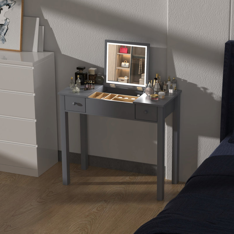 Coiffeuse grise avec lumières à DEL et 2 tiroirs - Miroir rabattable de 3 m, grand espace pour les accessoires et les cosmétiques