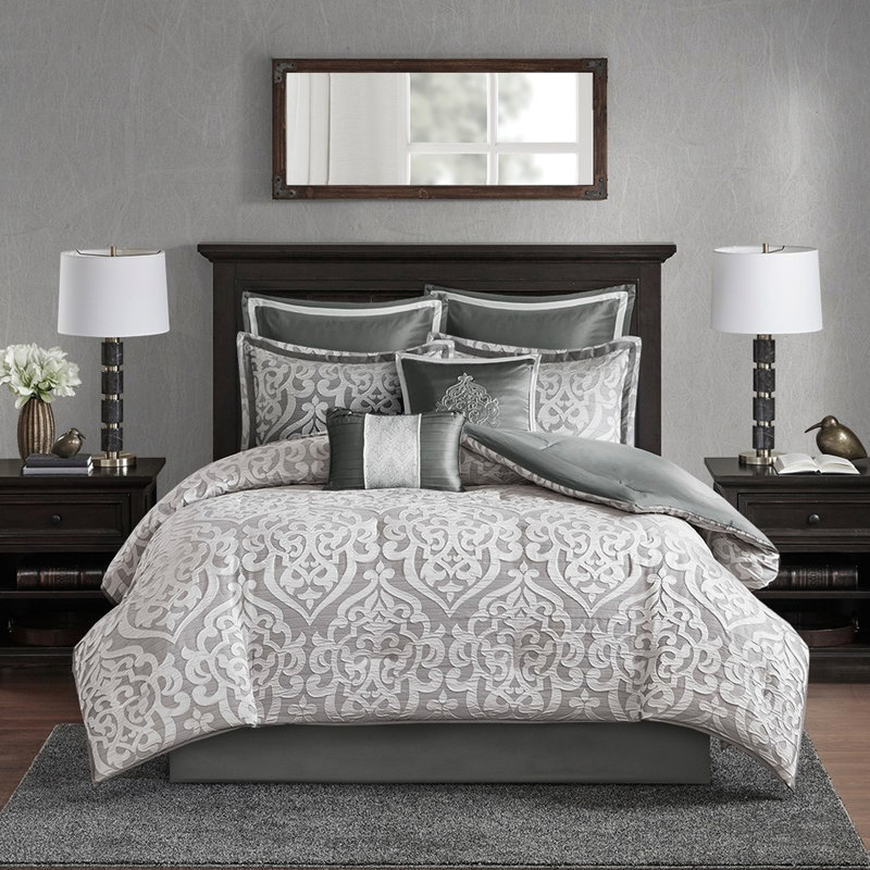 King Bedding - Silver/silver 2 Decorative Pillows 1 Bed Skirt Comforter Classic Elegant Design Machine Washable, Gray/Silver