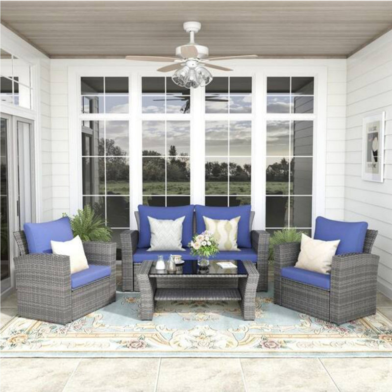 4-Piece Wicker Patio Conversation Set with Glass Table and Blue Cushions, Gray, Blue