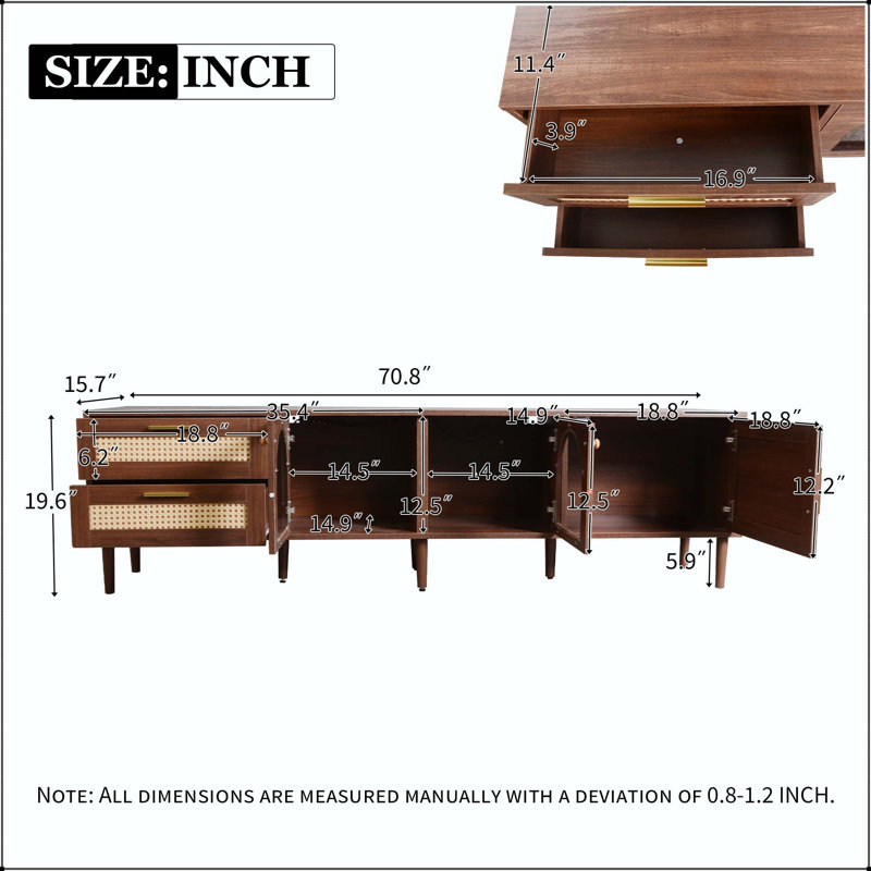 Meuble télé 70,8 po en rotin avec 3 armoires, 2 tiroirs et lumières DEL - brun foncé, Dark Brown, Glass