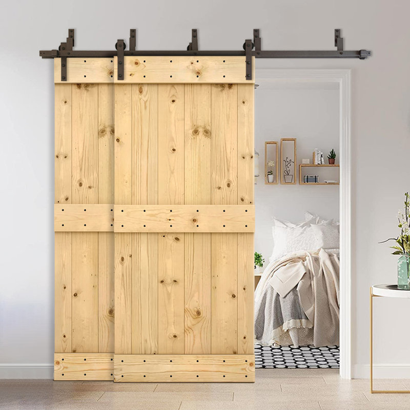 Porte de grange double à panneaux en bois teinté à panneau Mid-Bar, Brut, 80 po x 84 po