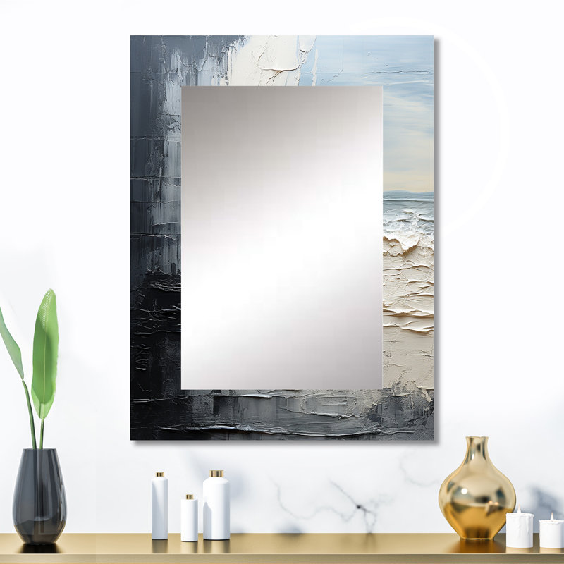 Abstrait crème et noir liquide, peinture II - miroir mural décoratif côtier, grand miroir crème, impression sur métal