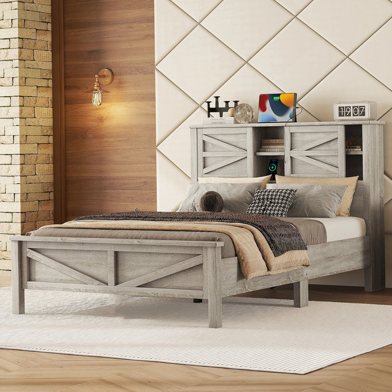 Lit plateforme avec porte de grange coulissante double, lit en bois avec station de charge, Gris antique, Double