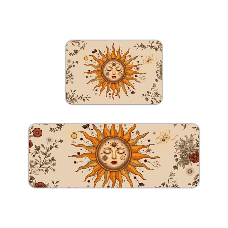 Ensemble de 2 tapis de cuisine soleil céleste, Mystic Boho Home pour la cuisine et la chambre à coucher, beige, brun et orange