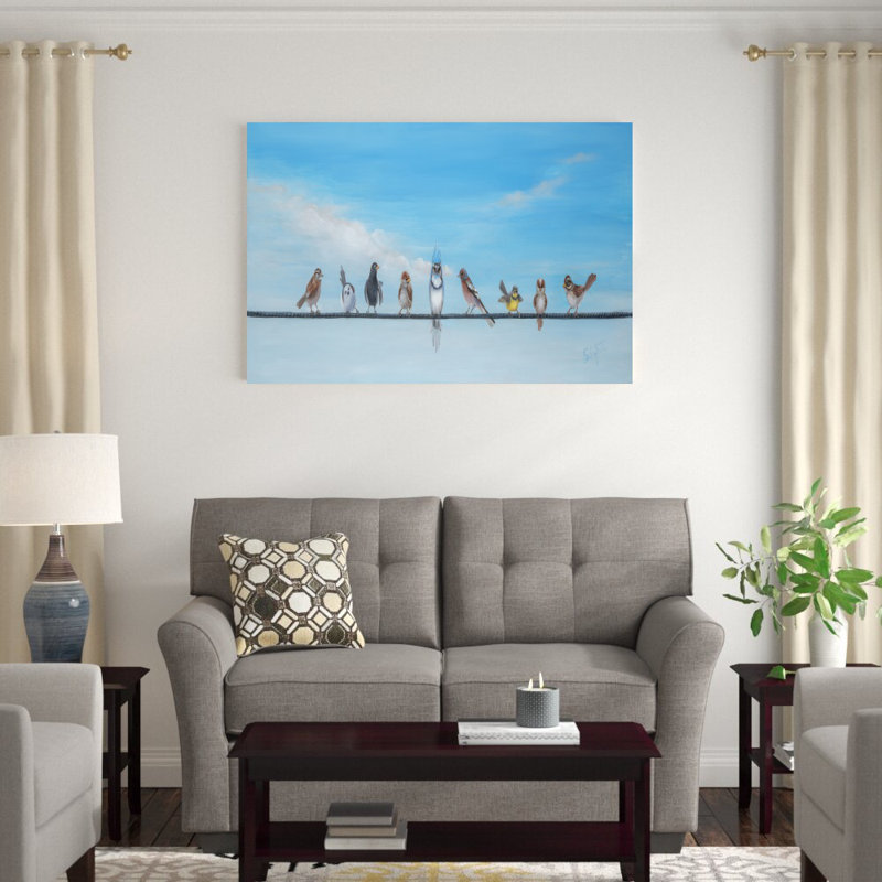 «Sweet Birds on a Wire II» par Sandra Iafrate - peinture sur toile tendue, H 32 po x l 48 po