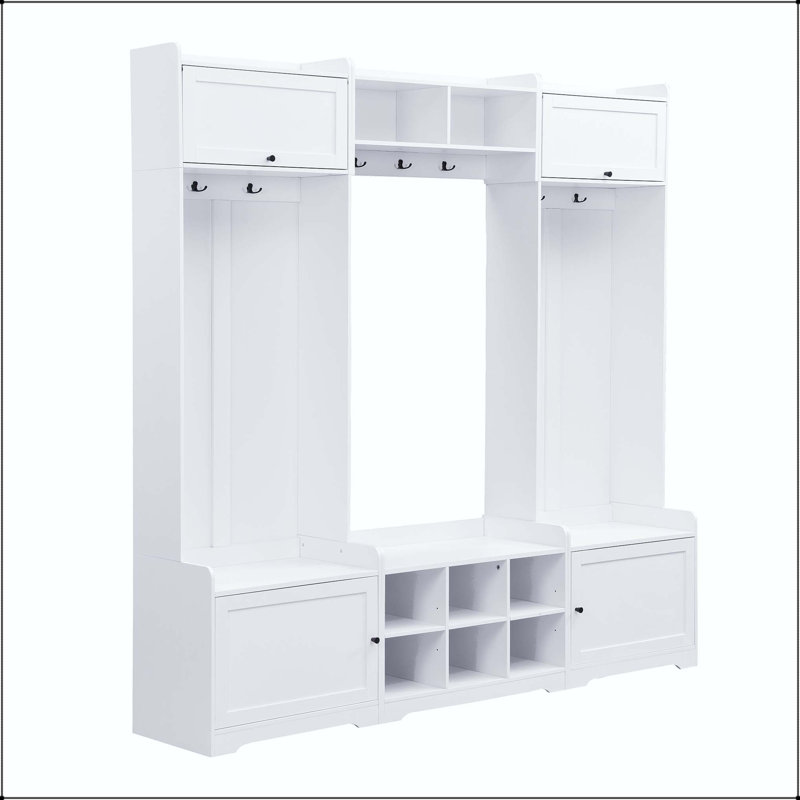 Arbre d'entrée de 79,1 po de largeur avec rangement pour chaussures et 7 crochets, White