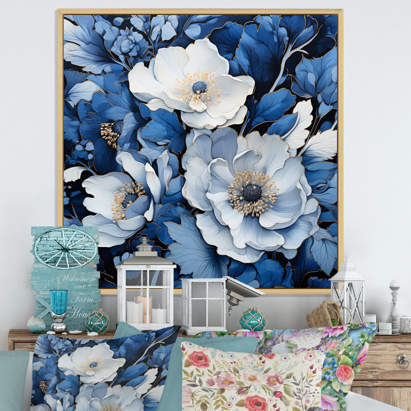 Aquarelle de fleurs saisonnières bleues et blanches II - Fleurs, art mural, H 16 po x l 16 po x P 1 po