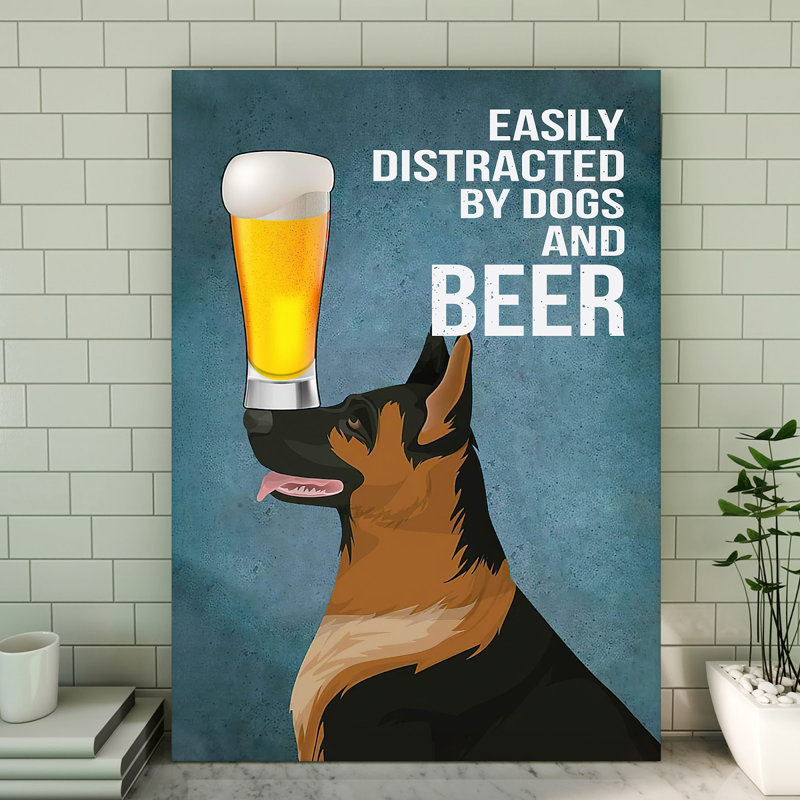 Toile tendue facilement imprimée par des chiens et de la bière - décor pour animaux de compagnie, bleu et brun