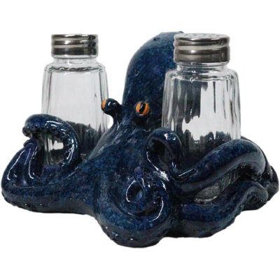 Blue Spotted Nautical Marine Cephalopod Octopus Salt Pepper Shakers Holder Set