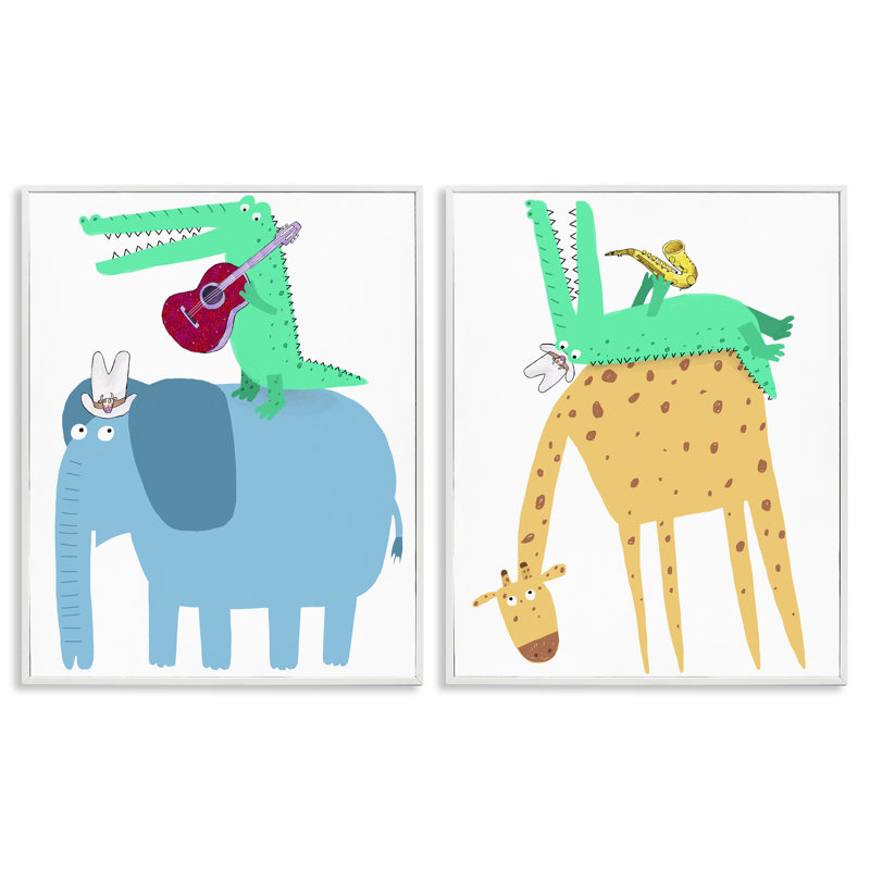 Elephant & Alligator with Acoustic Guitar 2 Piece Framed Giclee Art Set, design by Carla Daly, 30" H x 48" W
