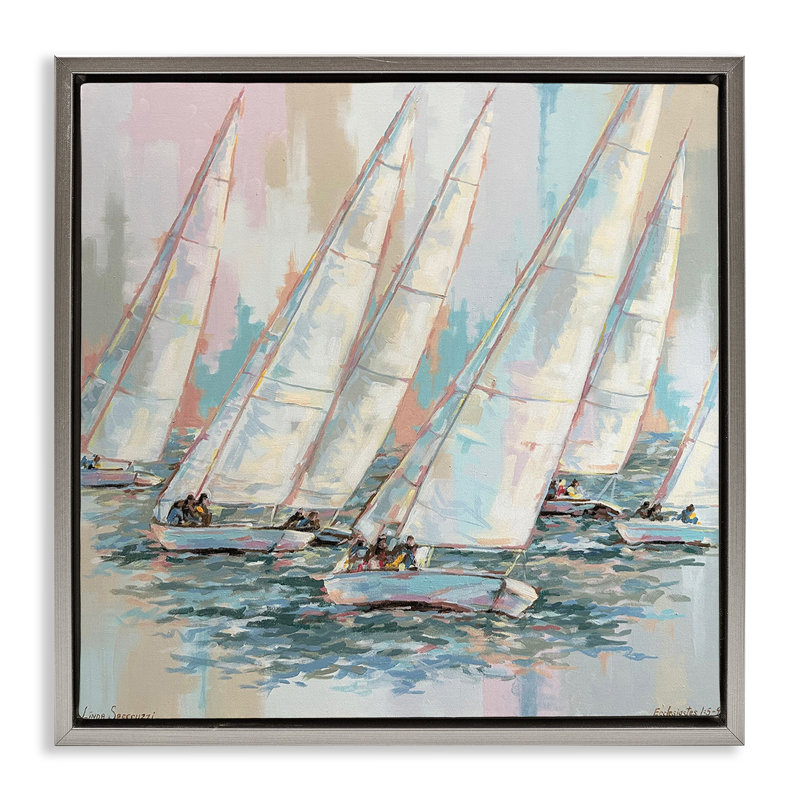 Art mural sur toile The Regatta at Sunset Race, par Linda Sperruche, H 25 po x l 25 po, Cadre flottant gris lustré