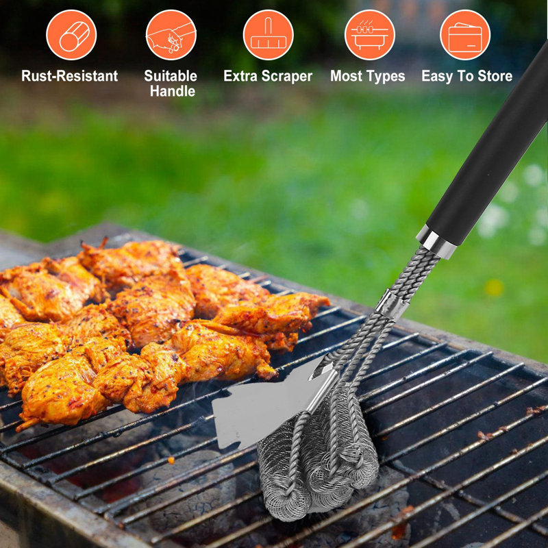 Brosse de nettoyage pour barbecue en acier inoxydable: poignée de 16,5 po, poils rigides