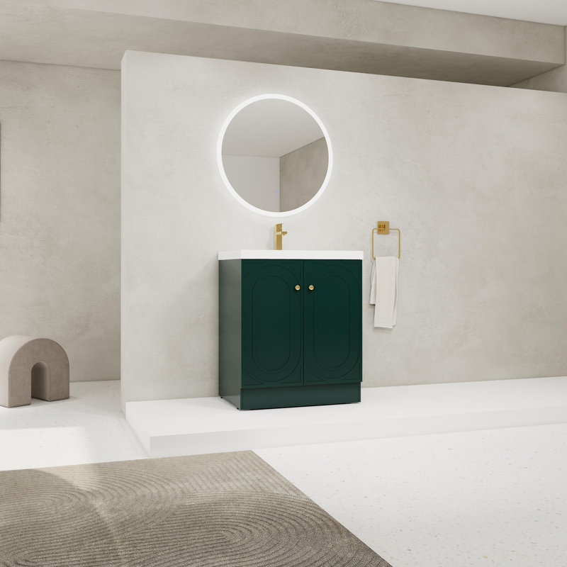 Meuble-lavabo autoportant avec lavabo en résine, Vert, Doré