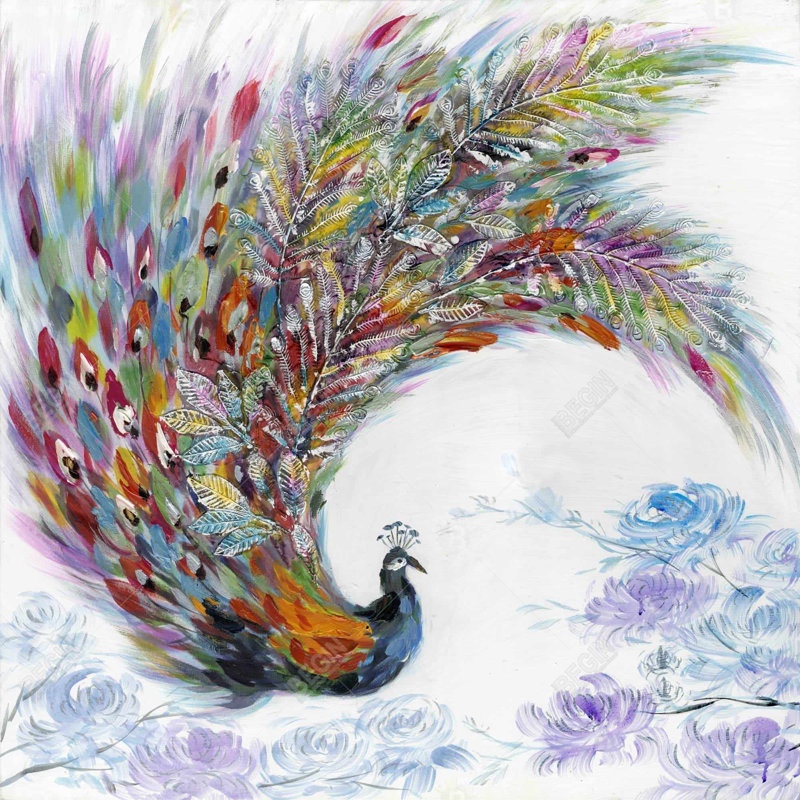 "Paon coloré avec des fleurs", H 24 po x l 24 po
