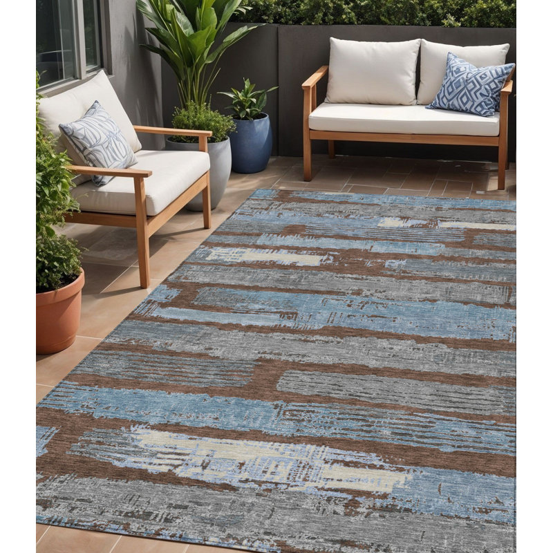 Tapis extérieur lavable rayé bleu chocolat et beige 5 pi x 8 pi