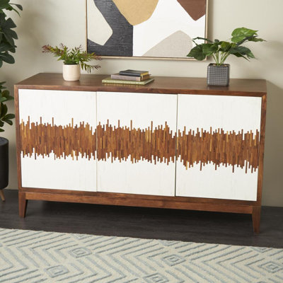 Elyette Mango Wood 1 Shelf and 3 Door Abstract Brown Cabinet with Vertically Stripped Front