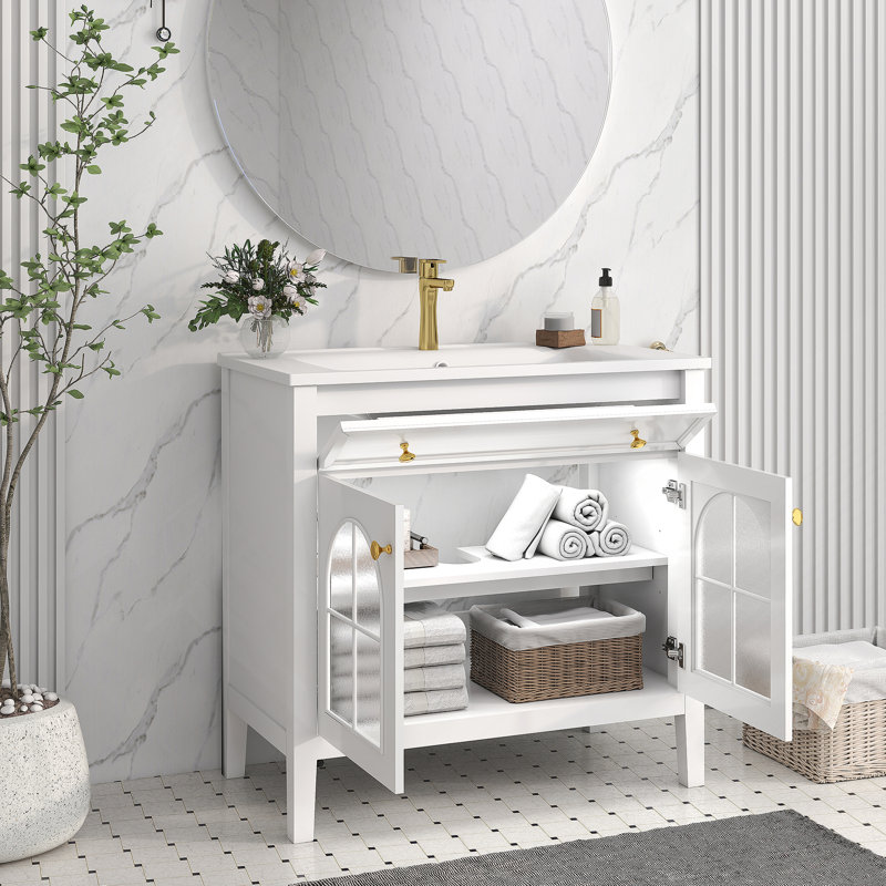Meuble-lavabo autoportant avec tablette de rangement, Blanc