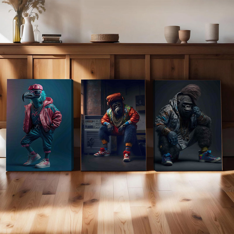 Ensemble de 3 affiches encadrées, style hip-hop, avec des motifs d'oiseaux et de gorilles sur toile. Design urbain et tendance pour un décor moderne dans votre salon, chambre ou bureau.