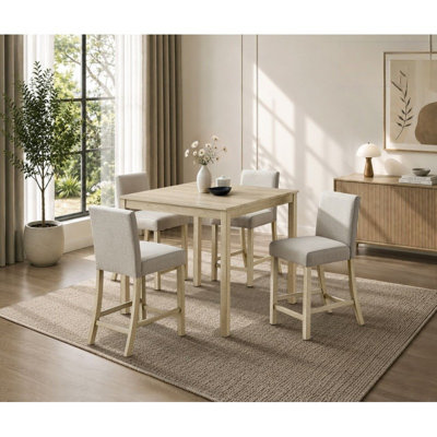 Light Oak Wood 5pc Counter Height Dining Set, Square Dining Table with Fabric Upholstered Counter stools