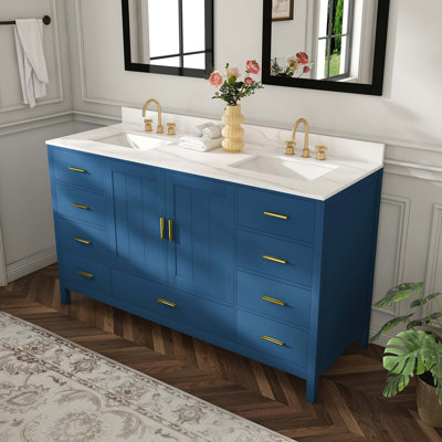 Meuble-lavabo en bois massif 60 po avec 2 lavabos, comptoir en quartz 61 po avec 6 trous de robinet pré-percés, 2 portes doubles à fermeture en douceur, 7 tiroirs et 2 petits compartiments de rangement rabattables