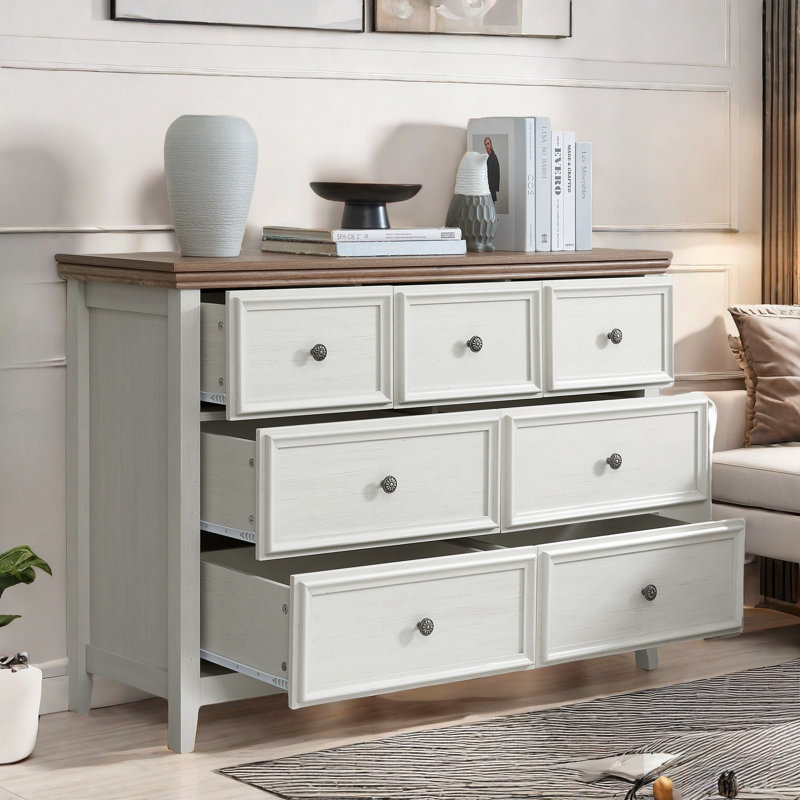 Modern Dresser With 7 Drawers, Metal Handles And Wood Grain Surface