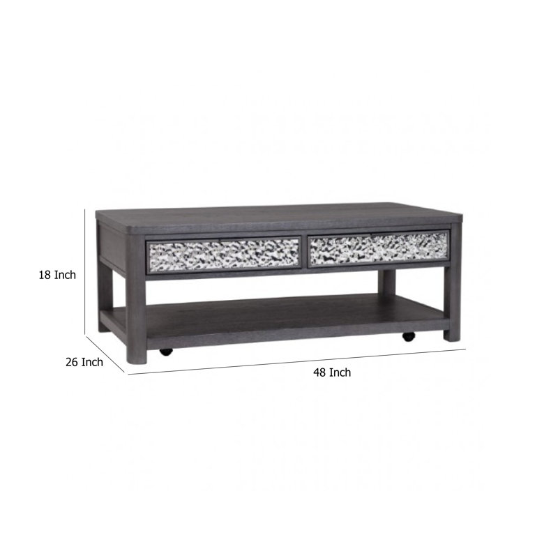 Table basse 48 pouces Zoko, roulettes, tiroirs, bois d'hévéa gris cendré