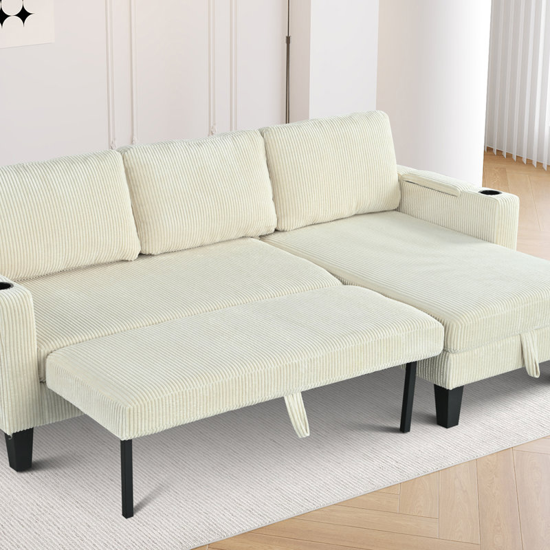 Reversible Corduroy Sectional Sofa with Storage Chaise, USB Ports, Arm Storage & Cup Holders, Beige Corduroy