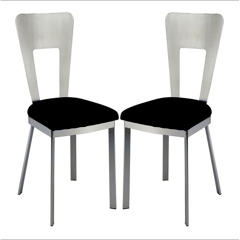 Contemporary Silver Metal 2pc Dining Chairs Black Microfiber Seat Dining Room Keyhole Back Satin Plated Powder Coating Chair