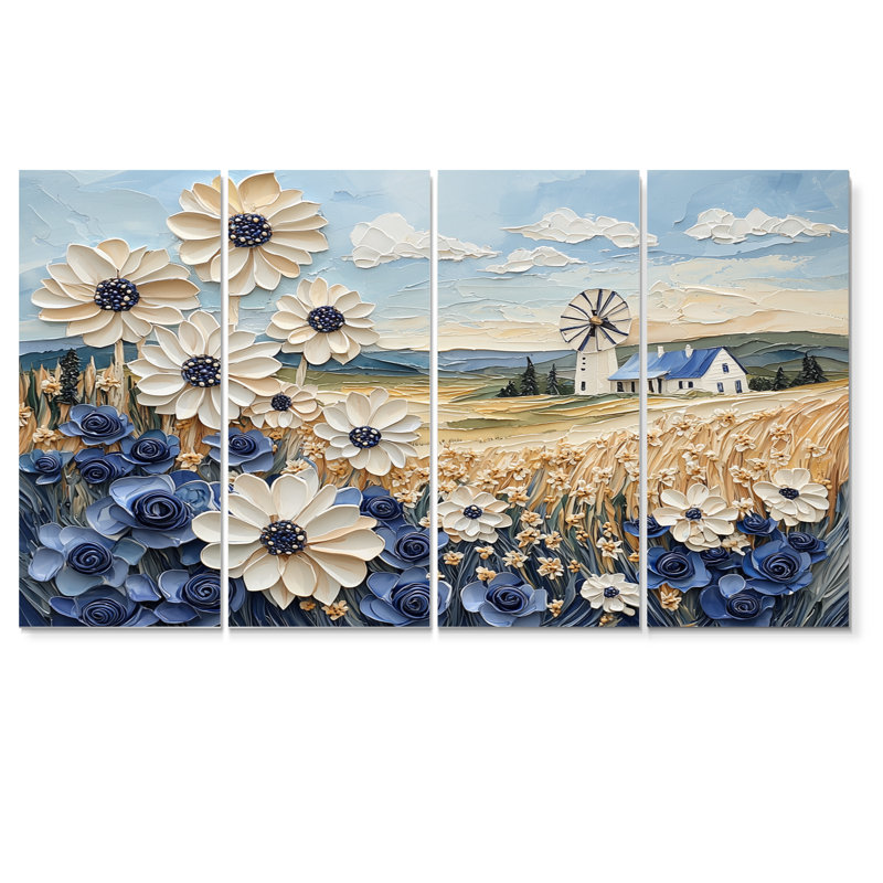 «White Blue Windmills Floral Fields III - Windmills», ensemble de reproductions d'art mural, H 28 po x l 48 po