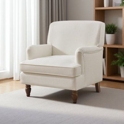 Fauteuil vintage rembourré en tissu de lin avec pieds en bois massif antique, fauteuil d'appoint simple pour le salon