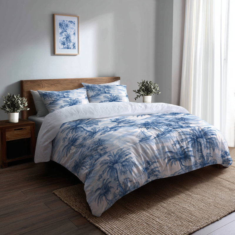 Ensemble de literie de plage 3 pièces - Ensemble de housse de couette et de coussins Blue Coastal Toile