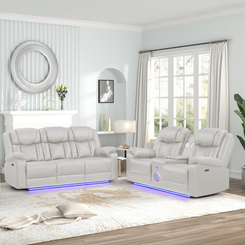 Modern Contemporary LED Power Recliner 3PC(Sofa + Loveseat + Chair) Including Cup Holders Loveseat With Console &Tooth Speakers Made With Wood And Metal Frame