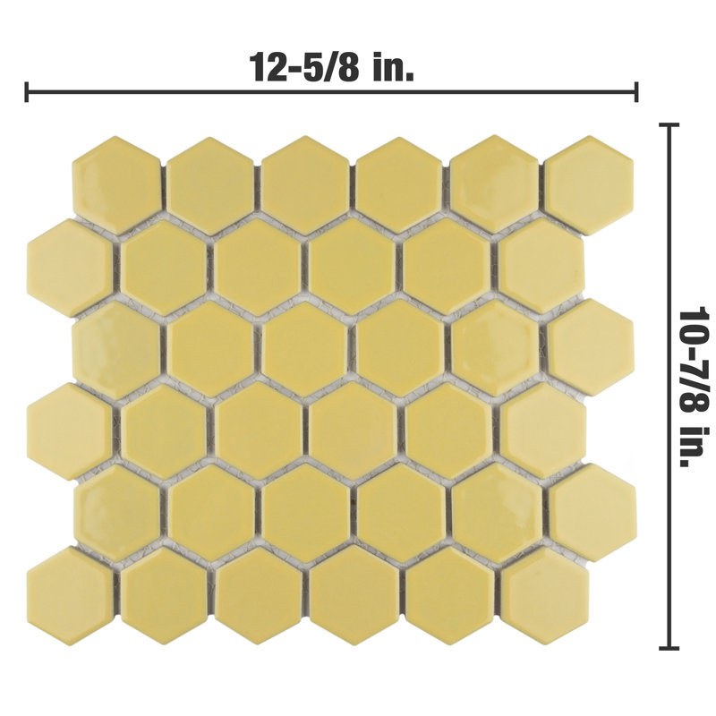 Hudson Due 2" Hex Vintage Yellow 10-7/8" x 12-5/8" Porcelain Mosaic Tile