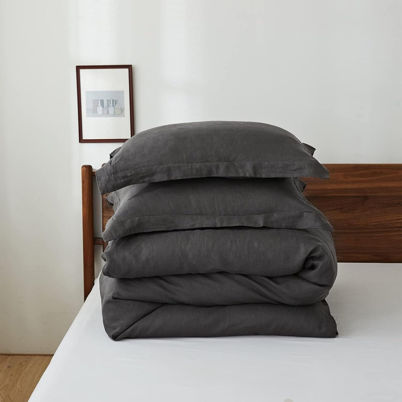 Ensemble de housse de couette 100% lin, Gris anthracite, Housse de couette simple + 1 taie décorative