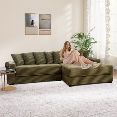 Gus 111"W 2 - Piece Luxury Corduroy Sectional, 8 Cuddle Cushions