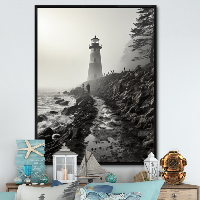 Phare Bansemer noir et blanc avec horizon brumeux, Cadre flottant noir, H 20 po x l 12 po x P 1 po
