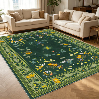 1PC Vintage Dark Green Botanical Bee & Insect Pattern area rugs for Living Room, Soft and Comfortable, Suitable for all seasons, easy-to-maintain, machine washable Indoor floor mat, Under Table Farmhouse suitable for dining room, bedroom,