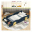 Lit plateforme simple en forme de voiture de course avec roues et rangement, bleu foncé et jaune