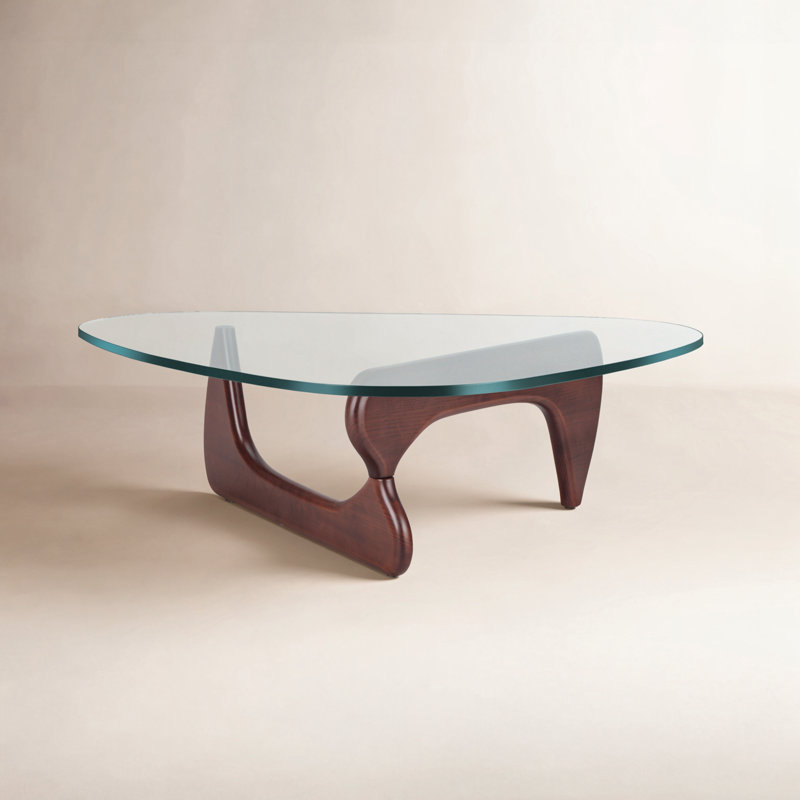 Triangle Glass Coffee Table with Wooden Base Clear Glass Top Mid-Century Abstract Glass Table, Dark Walnut