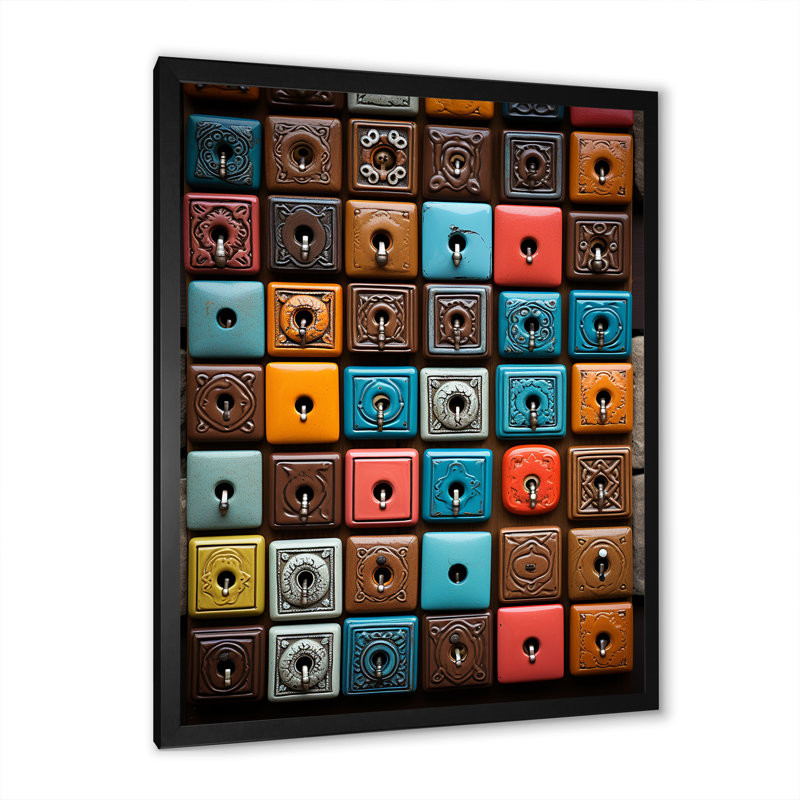 «Brown Geometric Harmony Abstract Tiles», art mural abstrait, H 20 po x l 12 po x P 1 po, Cadre simple noir