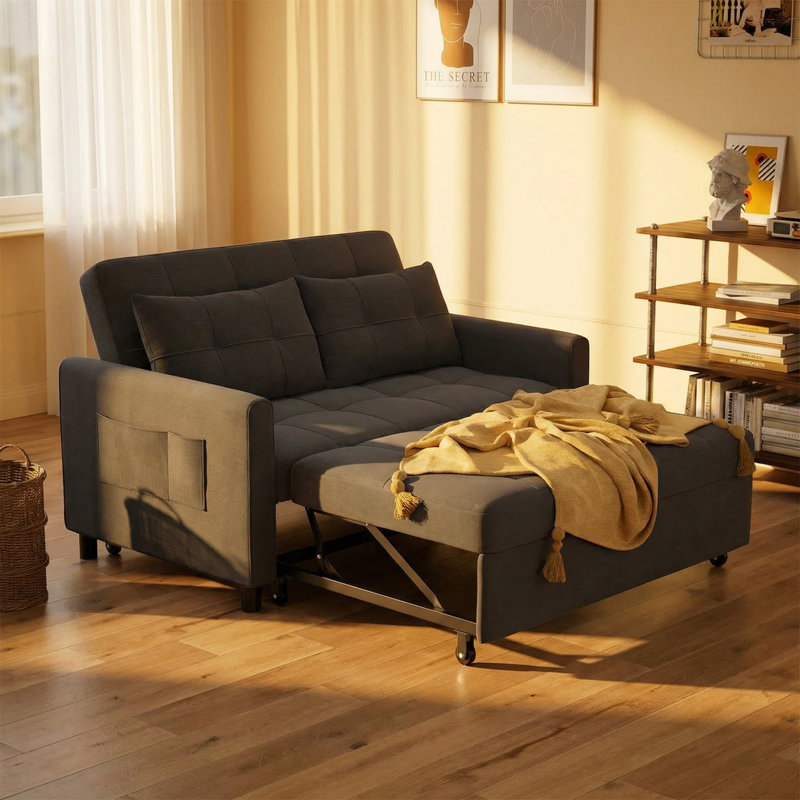 51.2" 3-in-1 Convertible Sleeper Sofa Bed, Pull Out Loveseat with Adjustable Backrest & Side Pockets, Dark Gray Linen