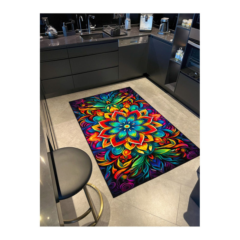 Tapis multicolore à motif floral en pierre tissé et lavable à la machine, Rectangle 3 pi 3 po x 4 pi 11 po